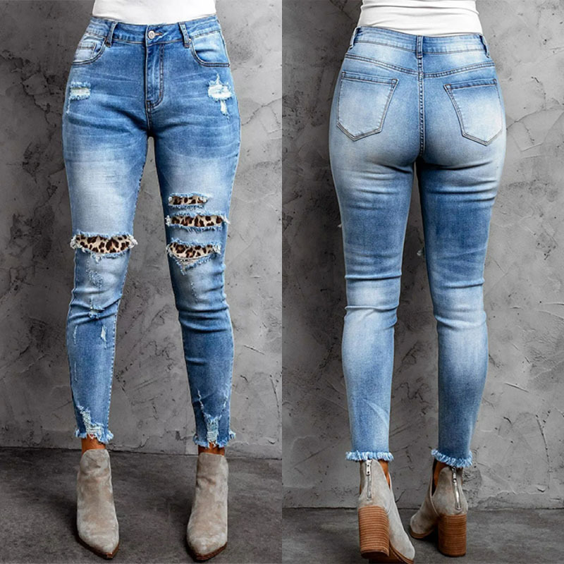   Cross-Border Denim Manufacturer Amazon Ripped Tassel Elastic Mid-Waist Small Straight-eg Jeans Women's Super Hot