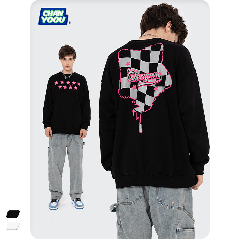 潮牌长袖卫衣男女圆领春秋季新品国潮方格星星印花宽松情侣衫上衣