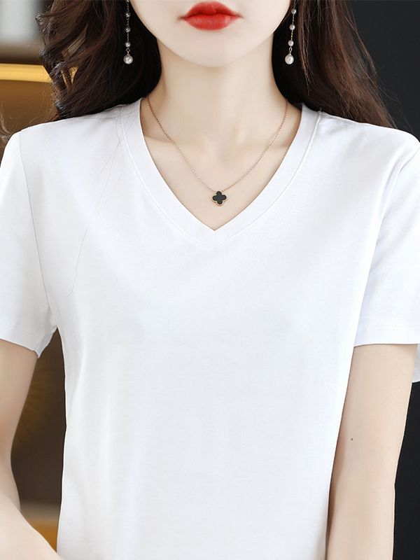 Upgraded 80 Mercerized Cotton Short-Sleeved Women's Summer Women's round V-neck Loose Basic Style Cotton T-shirt Top T-shirt