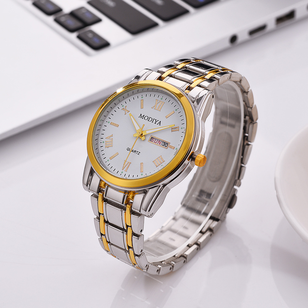 modiya厂家直营石英手表男批发 网红双日历罗马刻度男士钢带手表