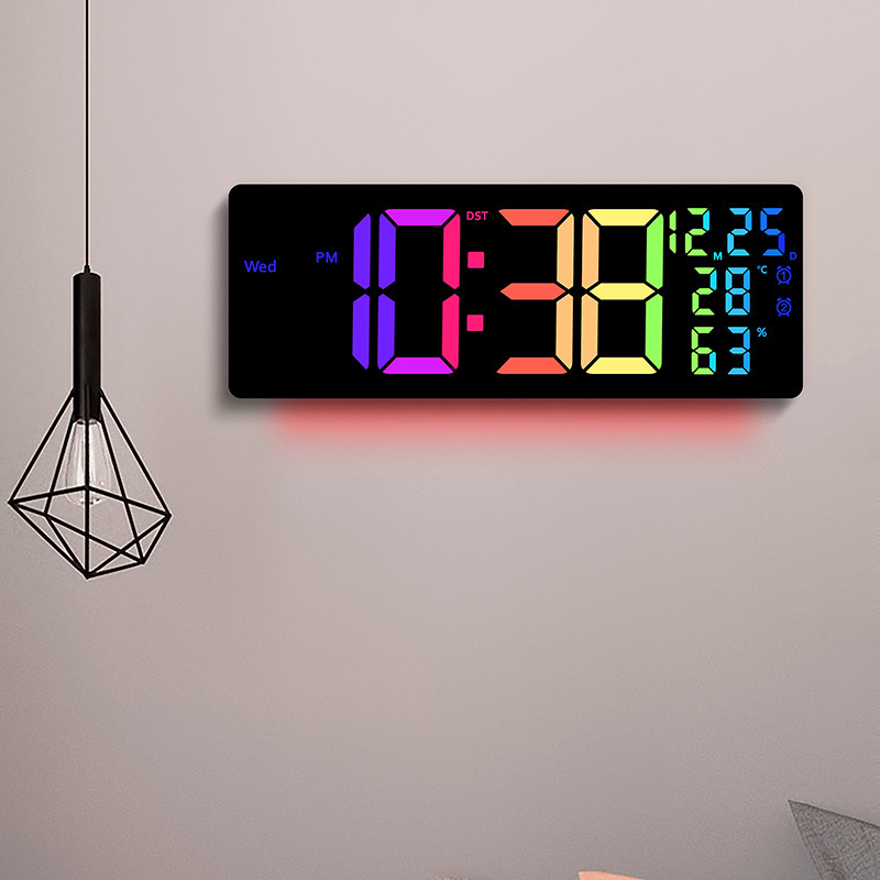 新跨境LED幻彩挂钟RGB变色客厅挂钟显示多功能闹钟大尺寸6669RGB