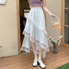 白色不规则荷叶边蕾丝半身裙女夏季新款斜边设计感中长款a字裙子