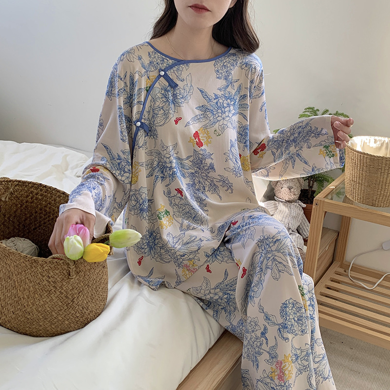 春秋夏天棉绸睡衣新中式国风古风纽扣长袖长裤套装家居服新款