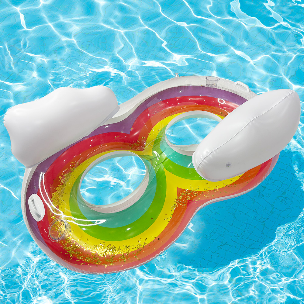 New Adult Inflatable Sequined Rainbow Swimming Ring PVC Transparent Double Strap Backrest Swim Ring Swim Ring Single Rainbow Pedestal Ring