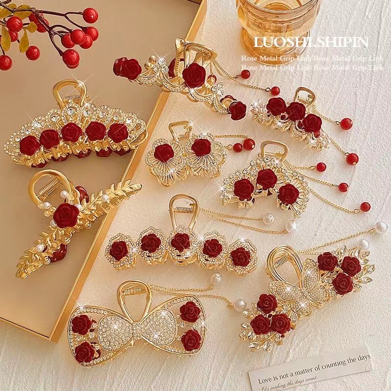 Antique Red Rose Tassel Hairpin Female Good-looking Updo Banana Clip Grip Back Head Shark Clip Balls Clip