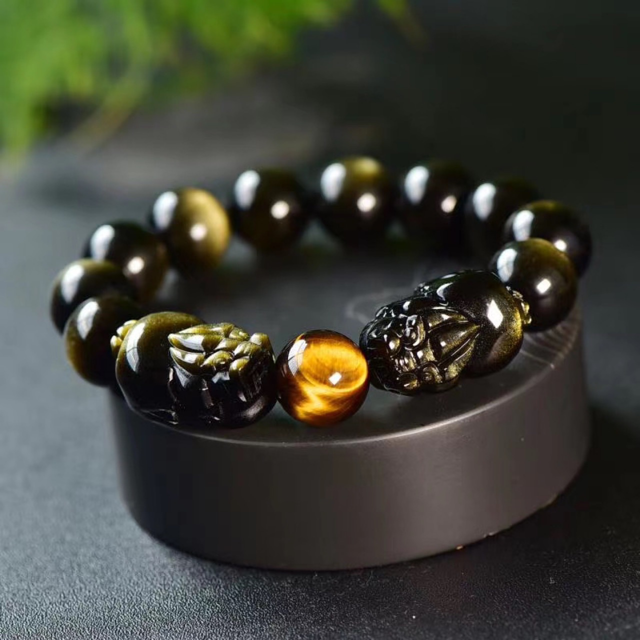 天然金曜石双貔貅手链搭配天然虎眼石转运珠男女款手串貔貅手链