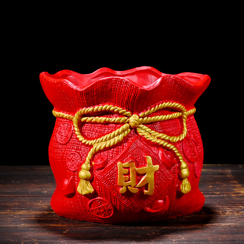 中式喜庆招财纳福寓意陶瓷居家室内红陶花盆大号圆形发财钱袋花盆