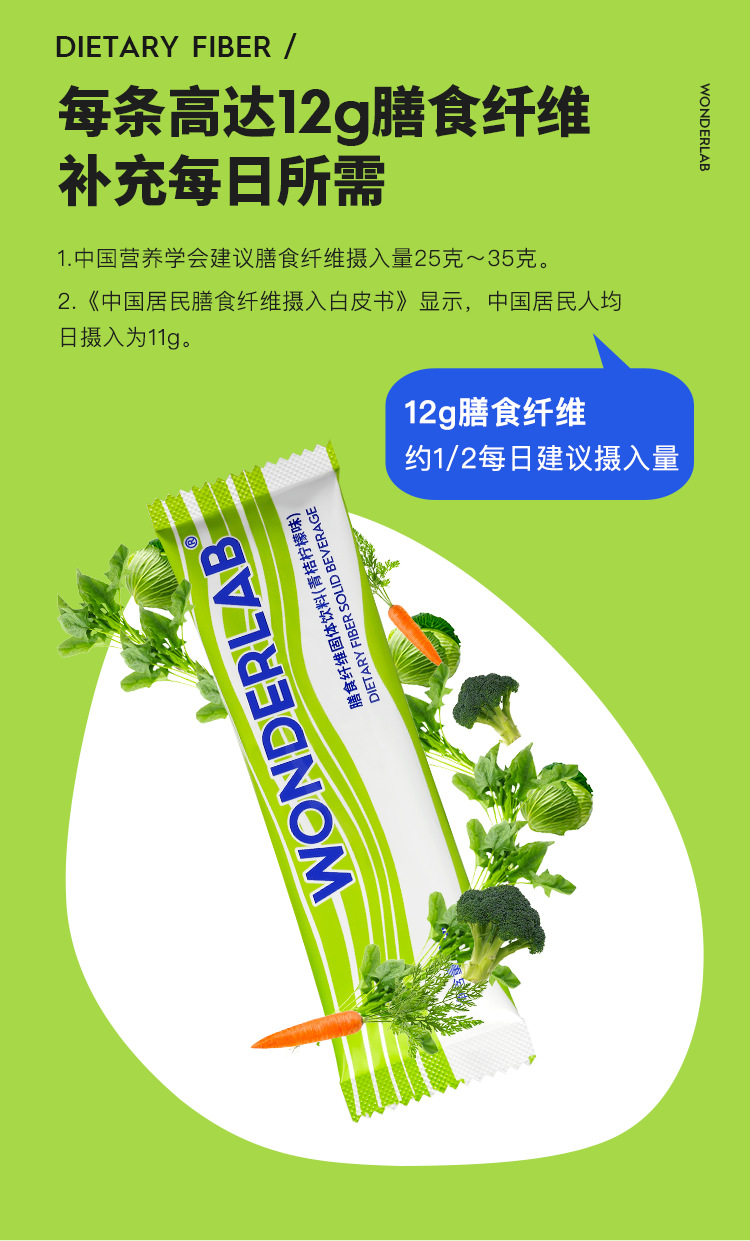 wonderlab白芸豆膳食纤维素粉 小绿条 菊粉无糖青桔柠檬味1盒装