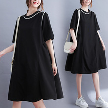 2023夏季新款韩版大码圆领拼织带短袖宽松黑色中长连衣裙 女