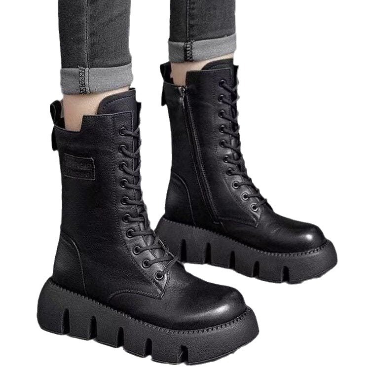 2024冬季新款中筒系带厚底马丁靴保暖女靴休闲时尚百搭系带棉靴女