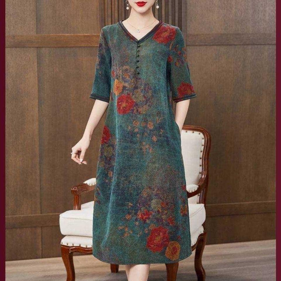 [真品]真丝龟纹香云纱连衣裙女中长款高档莨绸桑蚕丝妈妈装夏装