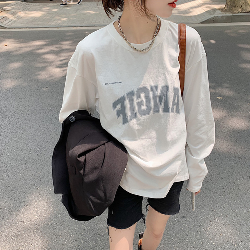 纯棉长袖t恤女2022春秋季新款宽松显瘦网红字母印花打底上衣潮ins