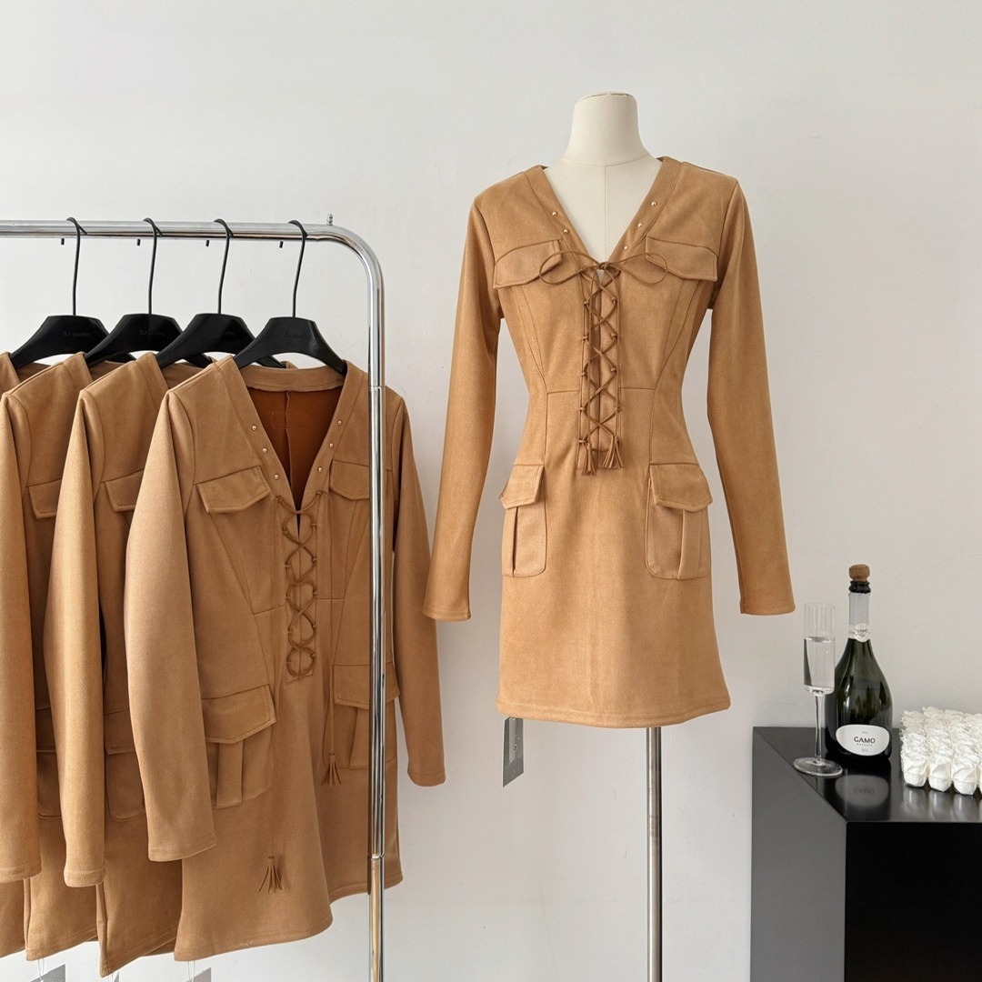 棕色麂皮针织连衣裙秋冬包臀裙内搭打底机能风辣妹裙子-阿里巴巴