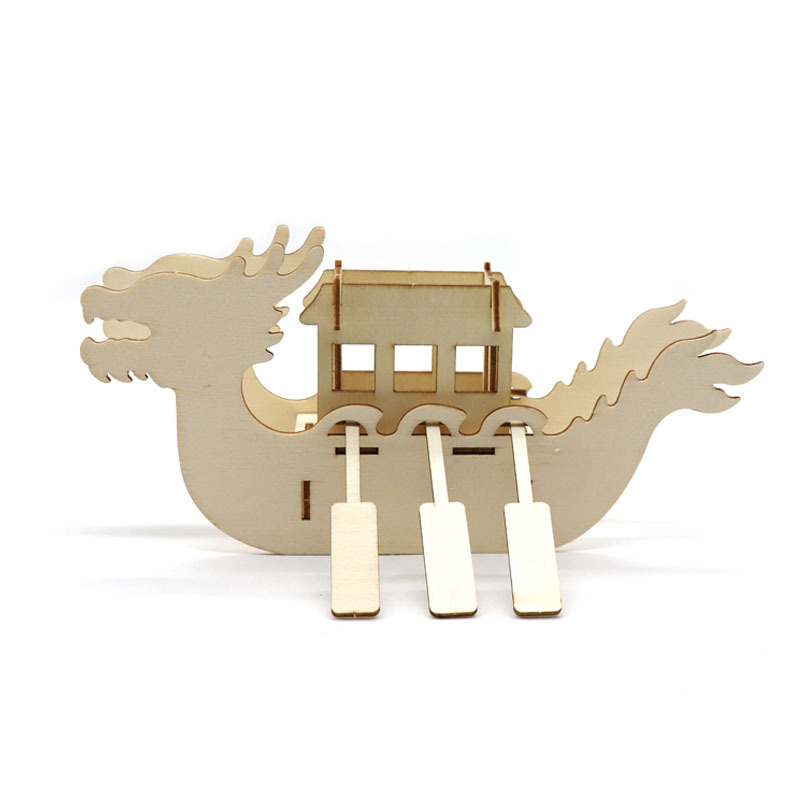 木质龙舟diy儿童端午节手工拼插木龙船幼儿园绘画涂鸦3d立体龙舟