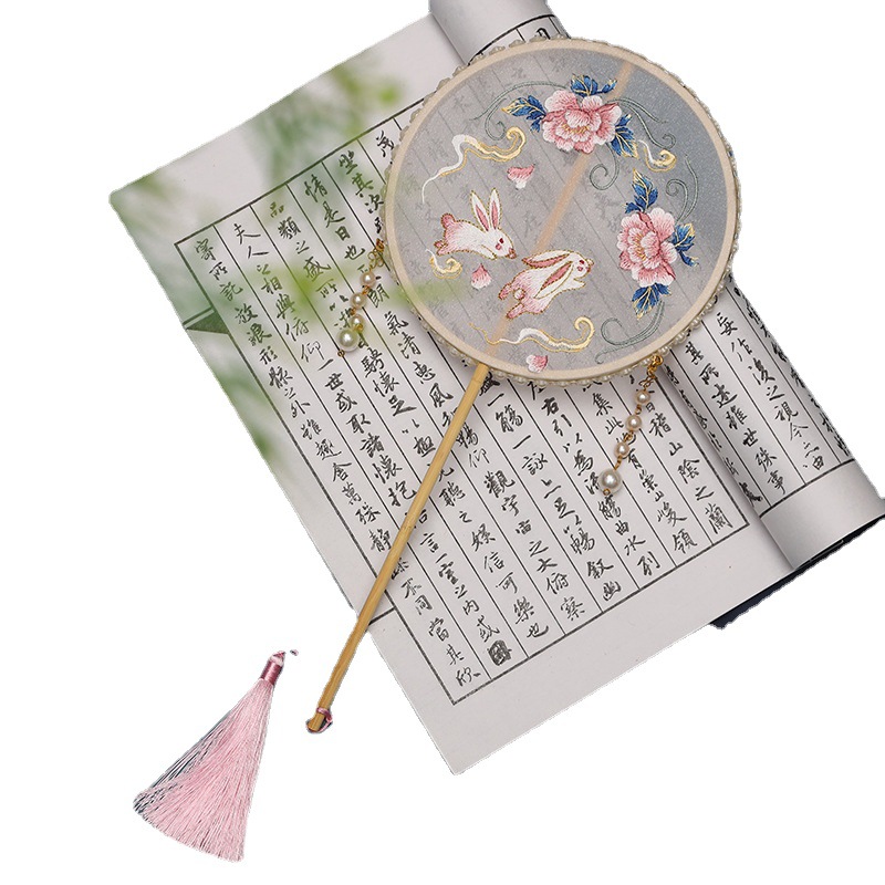 Factory Direct Sales Suzhou Embroidery Circular Fan Embroidery Jade Hare Koi round Fan Han Clothing Vintage Fan Mottled Bamboo Long Handle