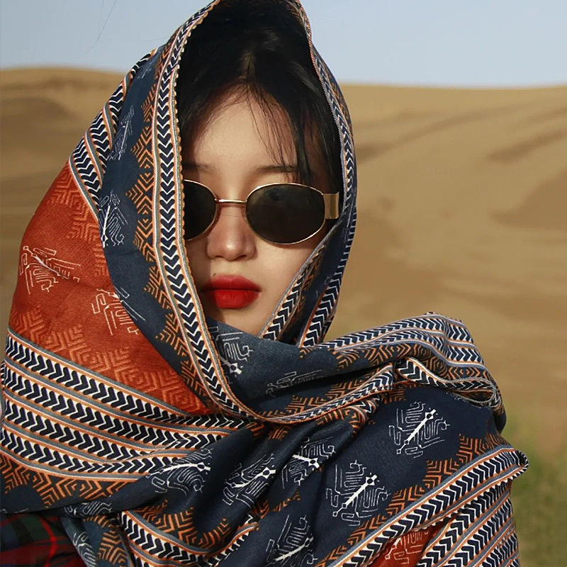 Summer Holiday Ethnic Style Scarf Artistic Cotton and Linen Women's Hainan Yunnan Travel Sun Protection Baotou Scarf Talma