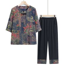 yh妈妈夏装短袖绵绸套装中老年人家居服老人老太太衣服奶奶装两件