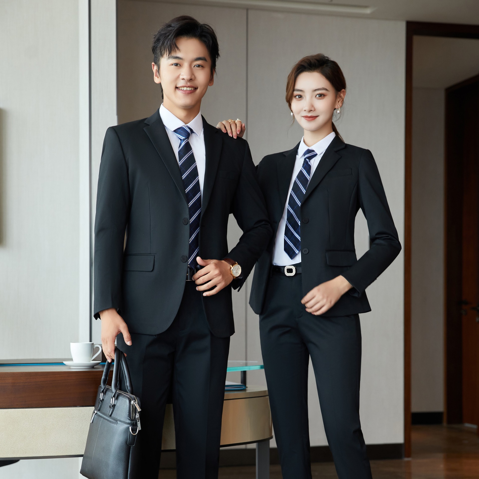 2021春秋冬弹力色纺面料男女西服单双扣套装 ol职业修身西服套装