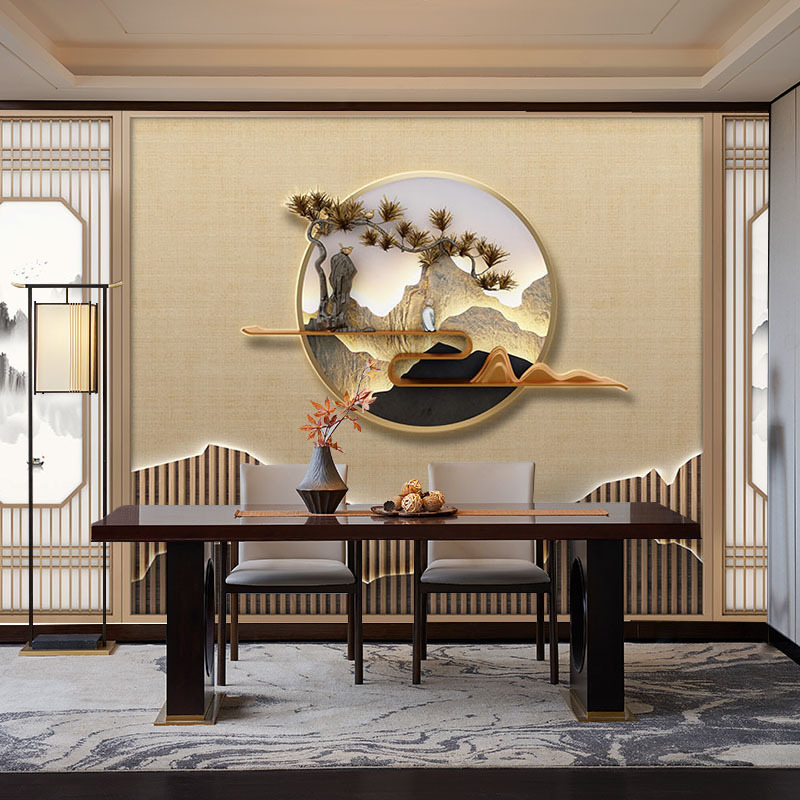 新中式客厅电视背景墙壁纸8d茶室墙纸风山水画装饰茶叶店墙布