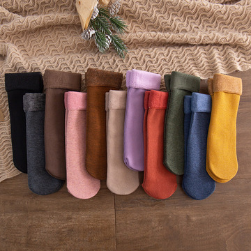 秋冬山羊绒雪地袜女袜纯棉保暖毛圈袜加绒加厚中筒袜雪地袜