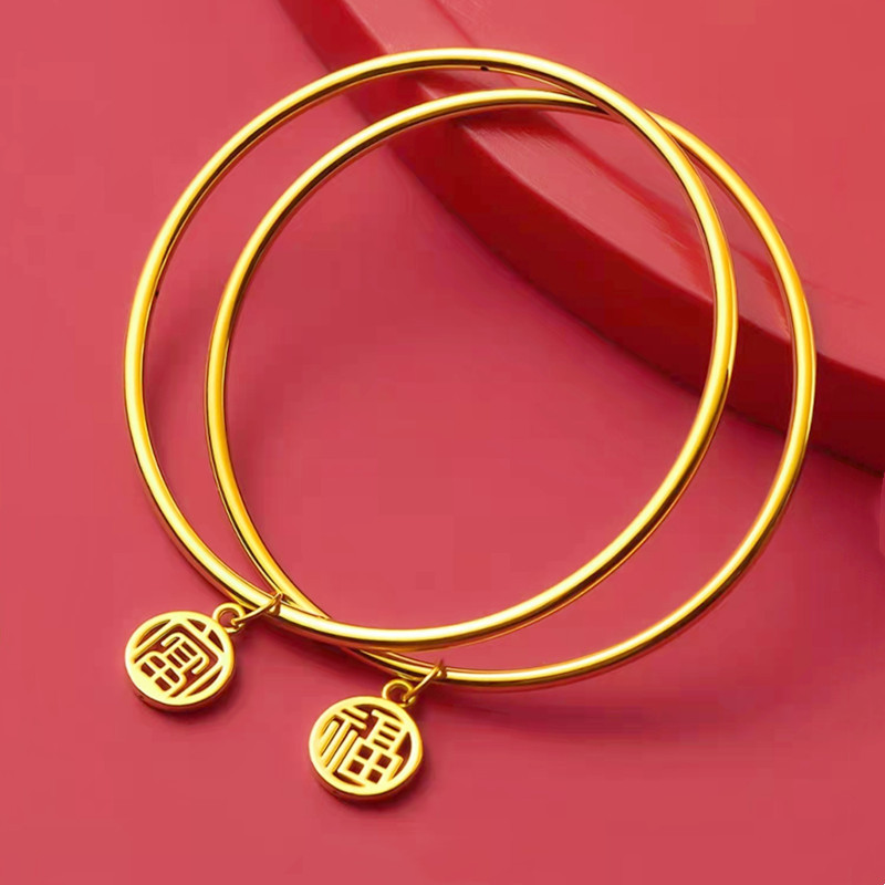 足金999手镯 超轻5d黄金手镯福字吊坠纯金光圈手环女款24k细圆镯
