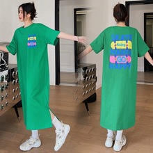 韩版新款宽松简约洋气设计感字母印花短袖中长款开叉T恤连衣裙潮