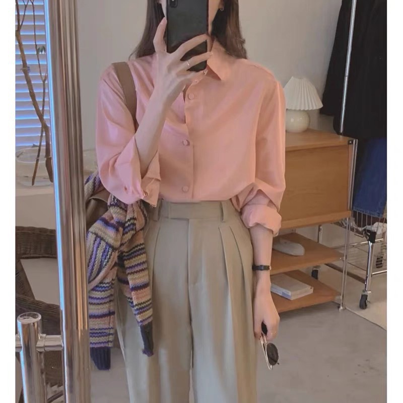 秋季小个子粉色衬衫女 设计感小众长袖穿搭套装职业阔腿裤两件套