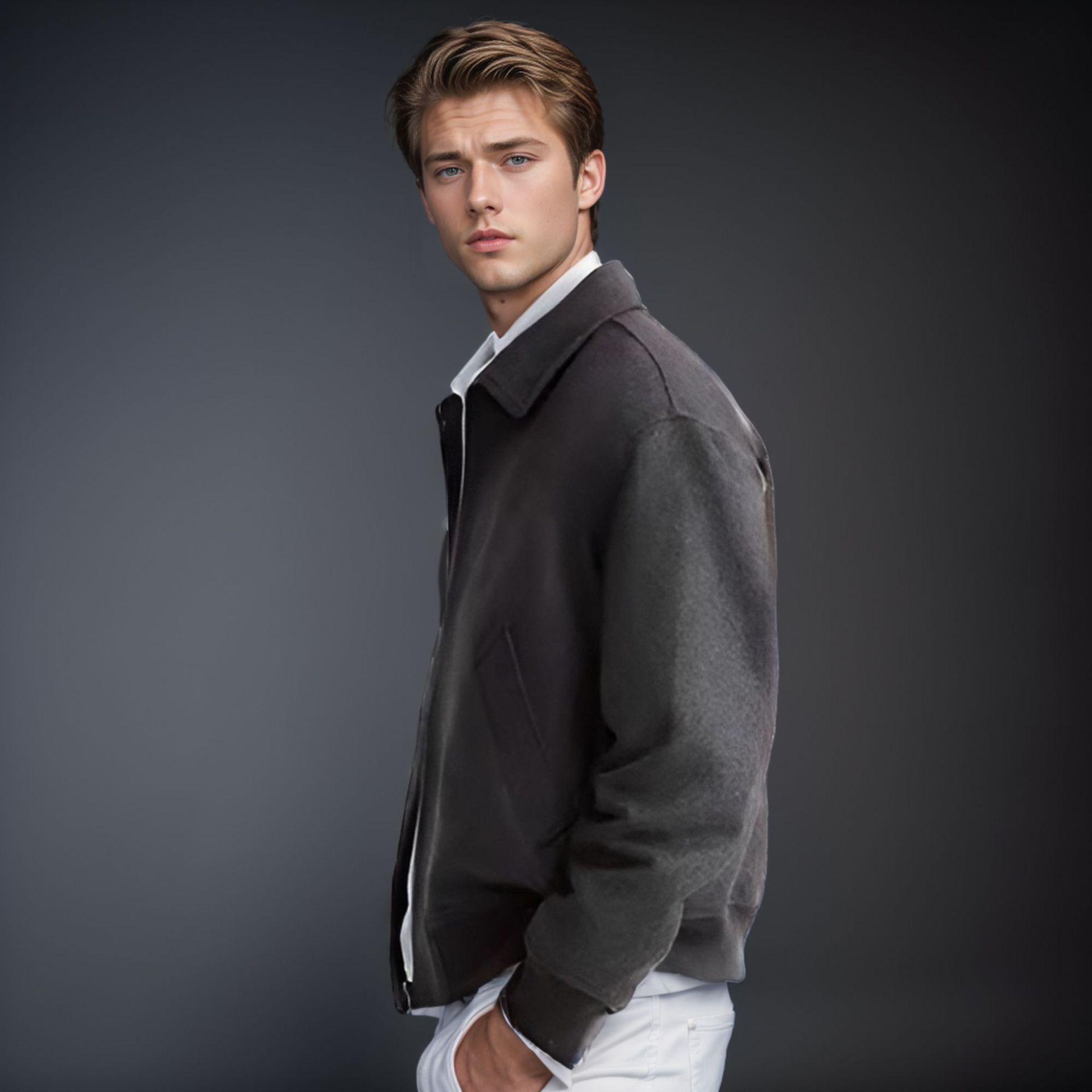 新款2024春秋款外贸毛呢外套男装纯色翻领呢子外套英伦夹克开衫