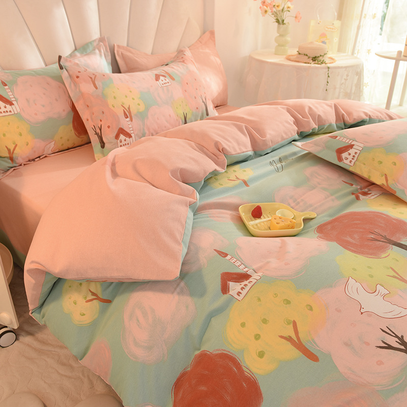 床上四件套纯棉全棉磨毛被套三件套床单床笠长绒棉活性印染床笠款