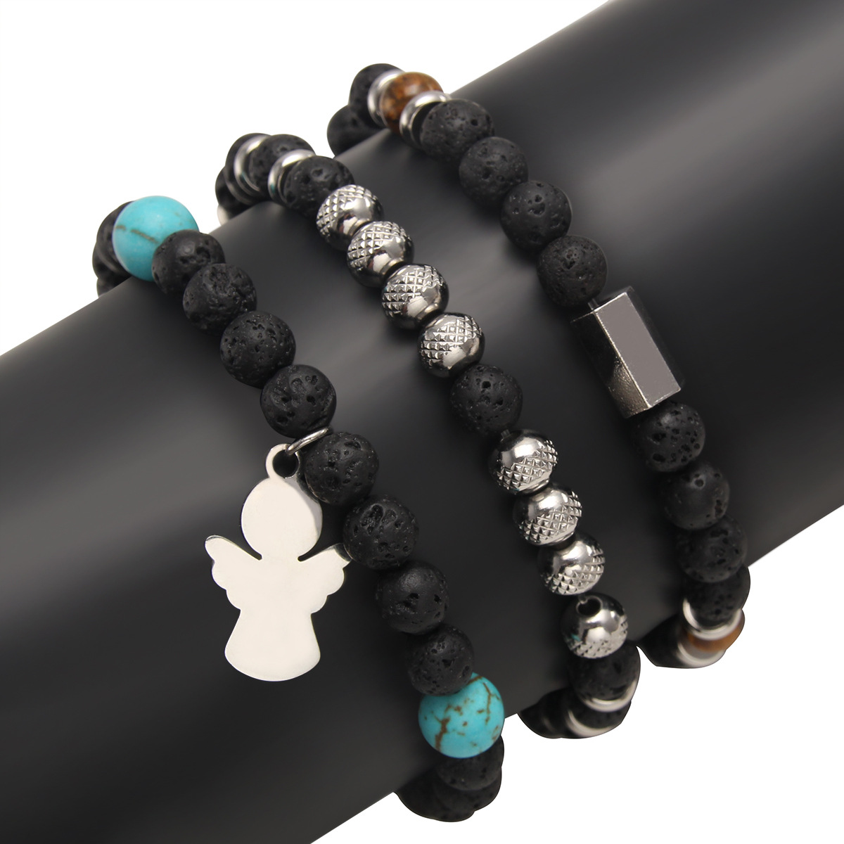 时尚不锈钢火山石天然石手串男女通用款优质防水黑色网格纹珠手镯