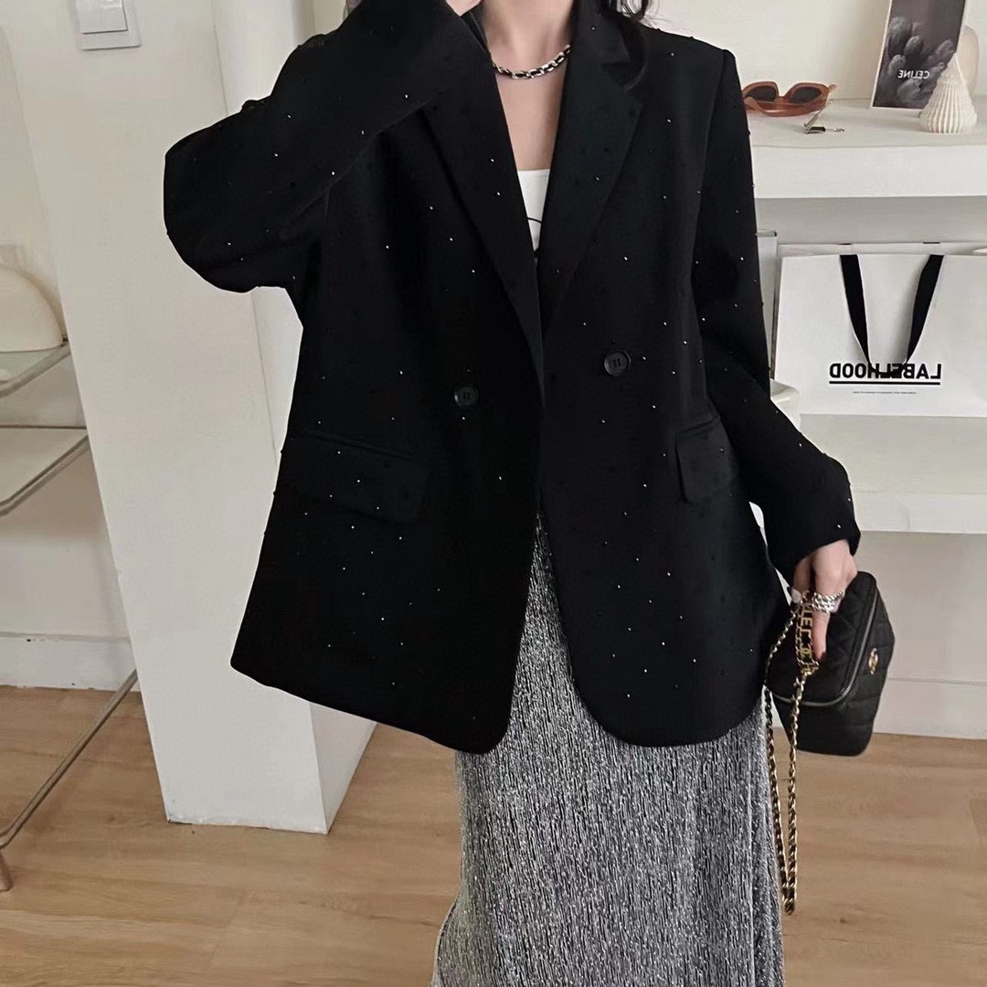 黑钻西装外套 宽松中长款亮闪黑色小西服外套-阿里巴巴