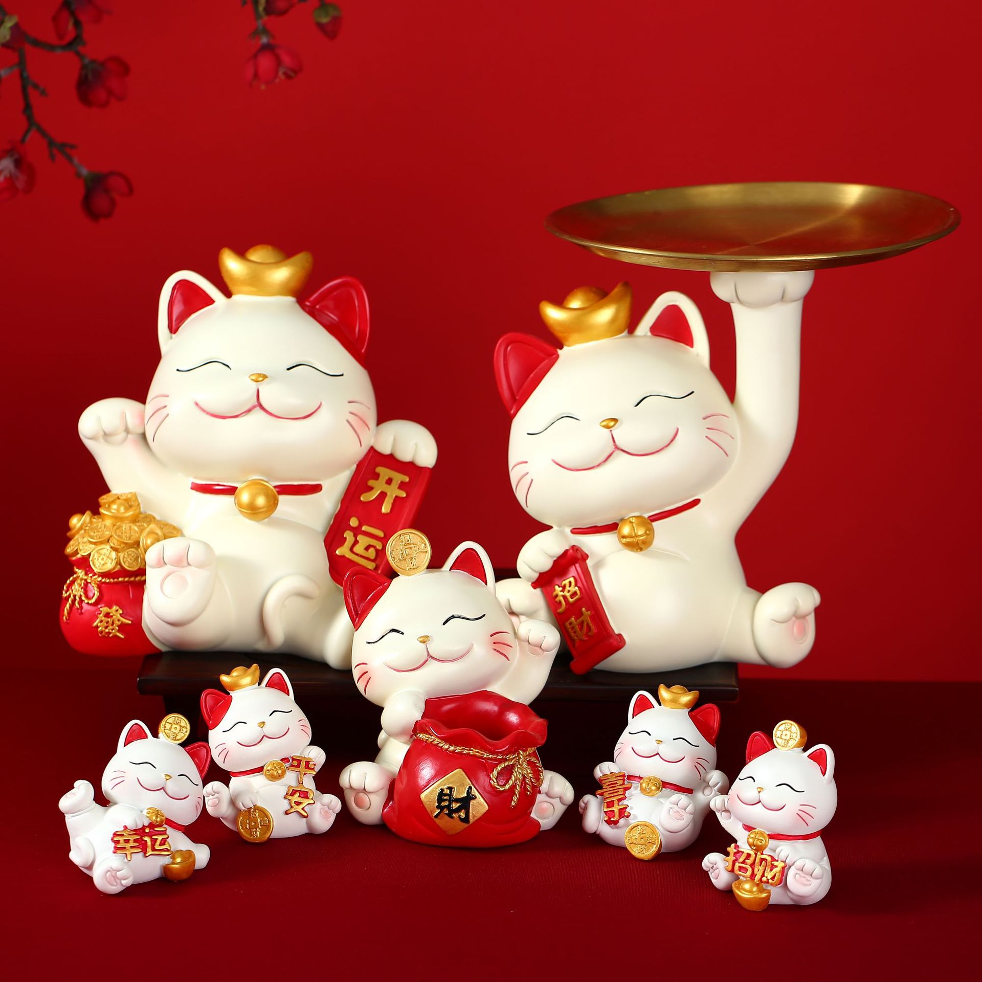 招财猫摆件创意钱袋托盘客厅办公室吧台桌面装饰乔迁开业礼物喜庆