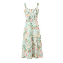 夏季新款欧美女装花朵印花吊带绑带开叉连衣裙S12959