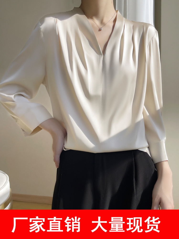 港风高级感上衣春夏新款v领套头真丝衬衣时尚气质桑蚕丝百搭衬衫