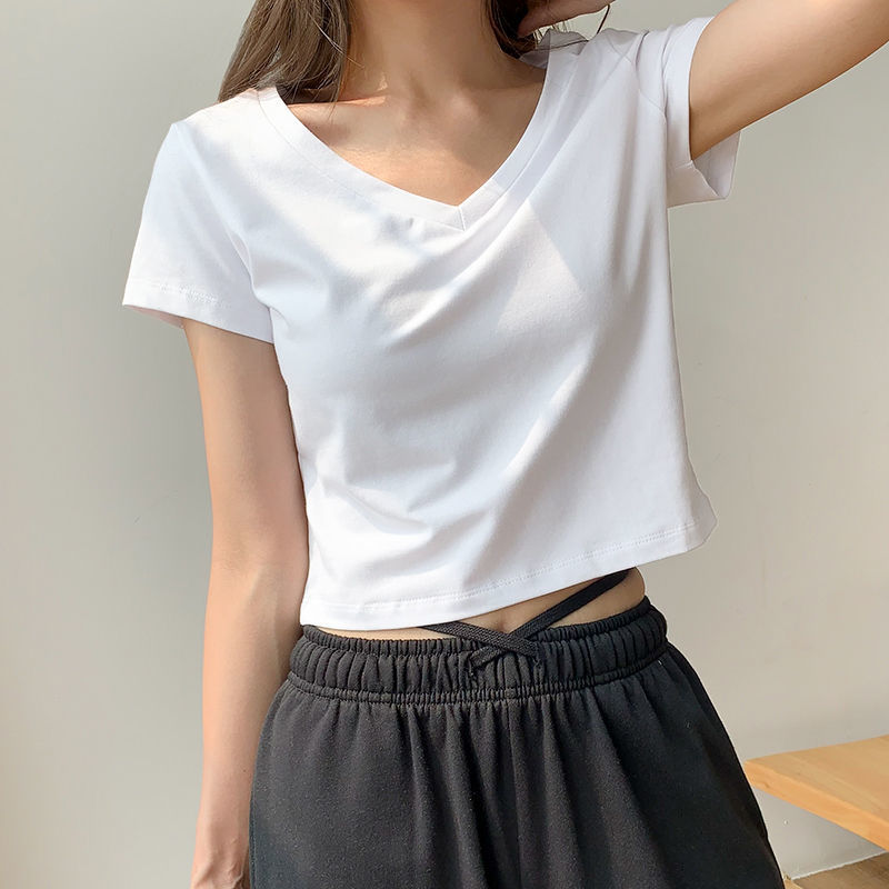 白色短袖t恤女2024夏新款修身短款紧身v领半袖小众设计感上衣
