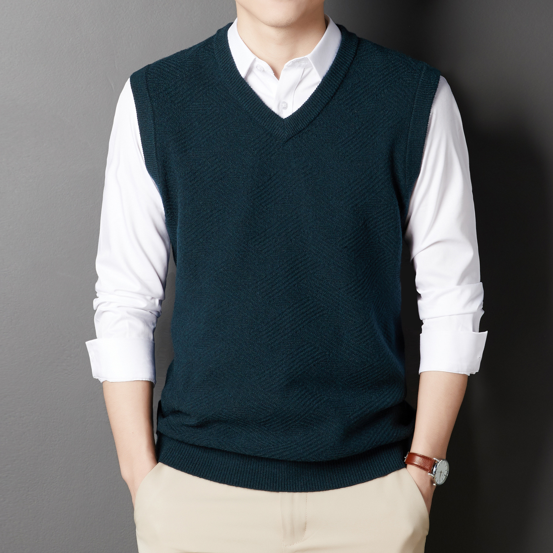 2021 秋冬男羊毛衫保暖马甲新款背心中青年男v领加厚无袖针织坎肩