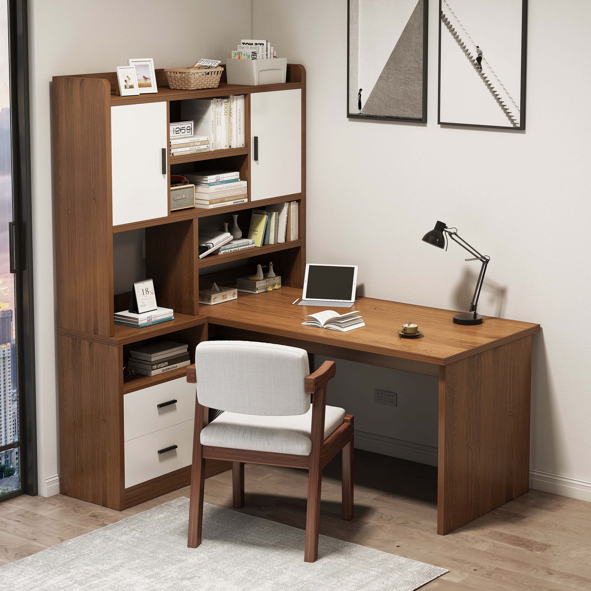 转角书桌书架一体电脑桌台式家用简约办公桌学生学习桌子椅子一套