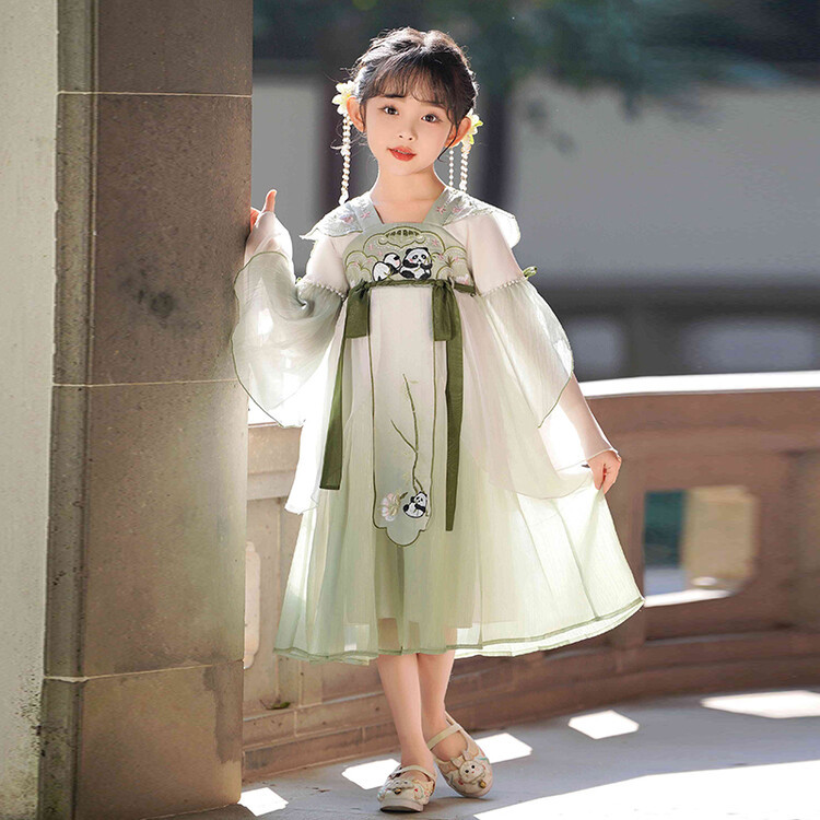 女童春季新款汉服连衣裙甜美可爱公主裙雪纺纱裙熊猫印花裙子