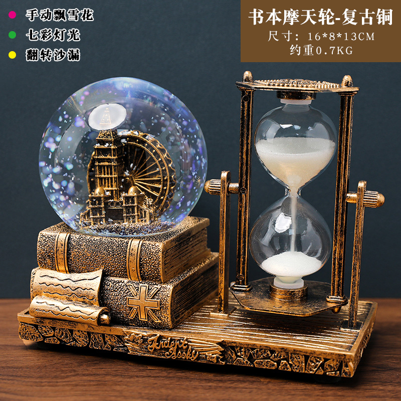 Retro Tower Hourglass Timer Crystal Ball Music Box Luminous Desktop Decoration Student Graduation Christmas Gift