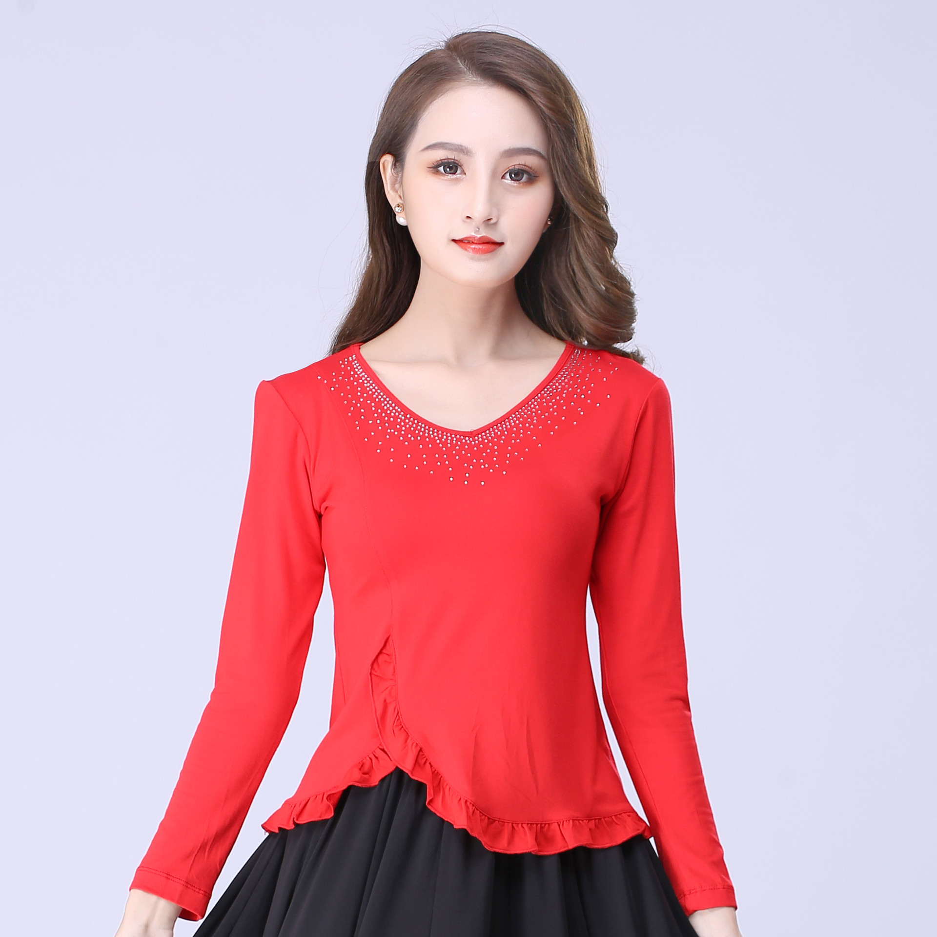 广场舞服装上衣莫代尔长袖春秋舞蹈服v领荷叶边烫钻上衣短袖t恤女