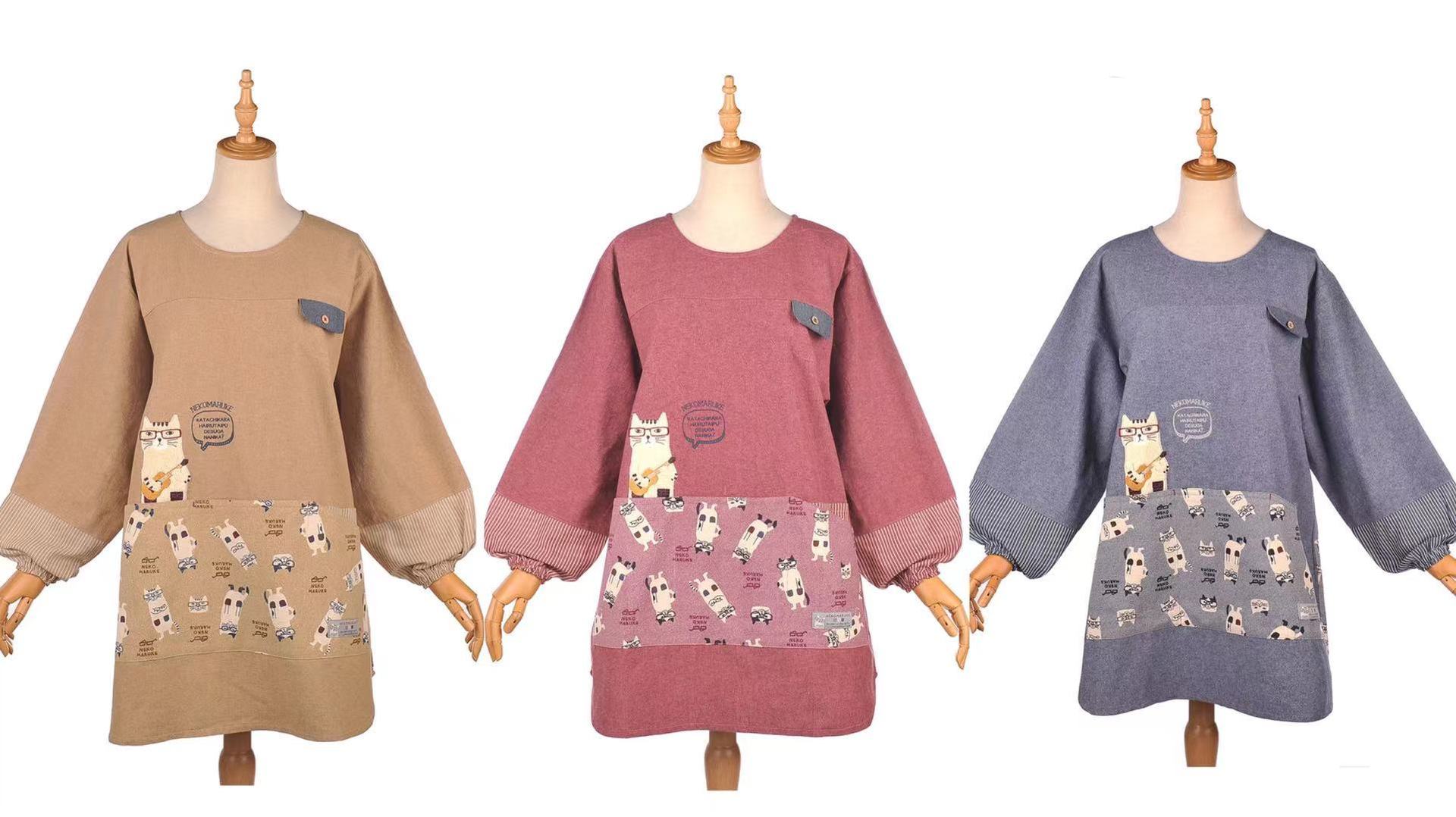 日本新款刺绣猫咪家居围裙防油防污罩衣反穿烘焙花艺长袖860-阿里巴巴