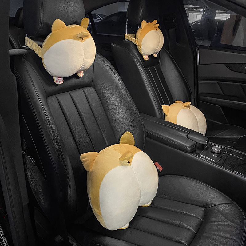 Automotive Headrest Neck Pillow Car Cartoon Corgi Car Cervical Pillow Supplies Car Seat Cushion Lumbar Support Pillow Pairs