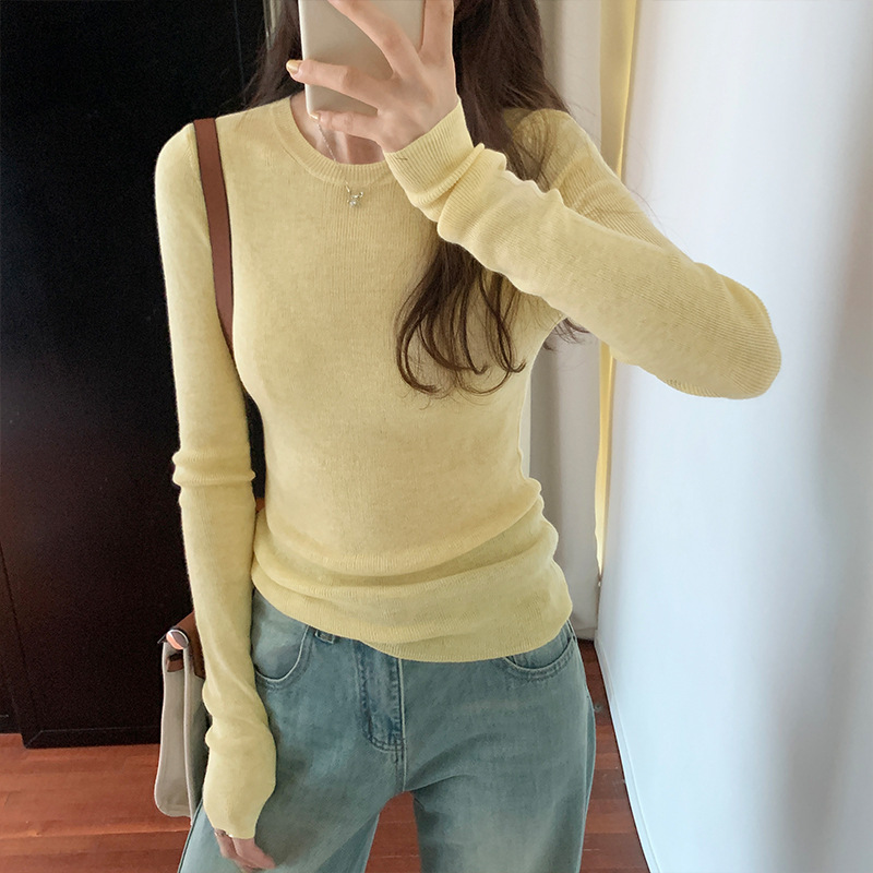 Autumn New Solid Color Slim Fit Slimming Pullover Bottoming Sweater Women's Soft Glutinous round Neck Underwear Long Sleeved Top