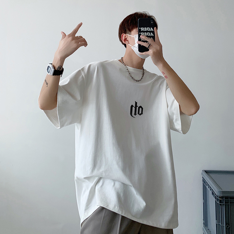 2023 Summer Breathable Short-Sleeved T-shirt Men's Ins Fashion Brand Top Students Hong Kong Style Heavy Cotton Men's Drop-Shoulder T-shirt