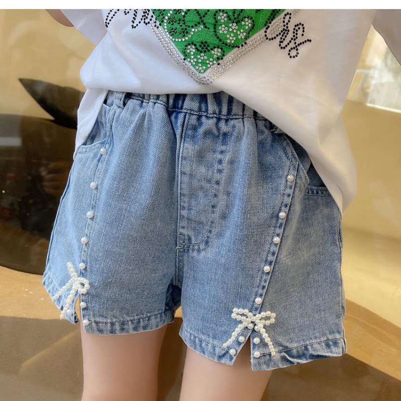 女童短裤牛仔热裤2022新款小女孩夏装网红潮款珍珠薄款外穿时髦