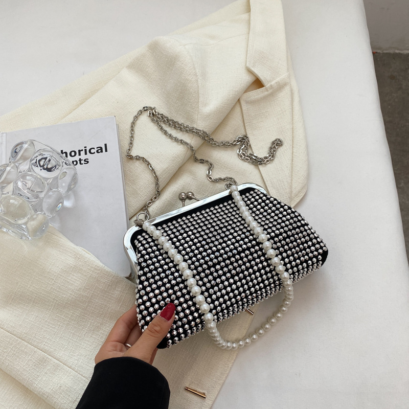 Textured Rhinestone Pearl Tote Autumn New Korean Style Fashionable Chain Dinner Small Bag Western Style Shoulder Bag