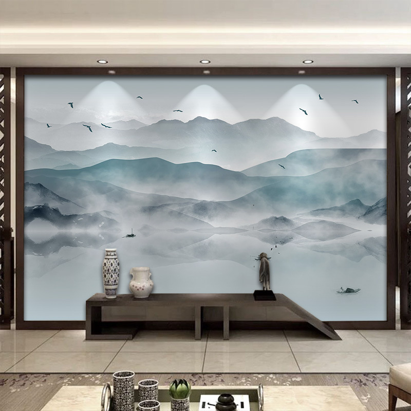 新中式墙纸意境水墨山水画客厅电视背景墙壁纸卧室墙布抽象壁画3d