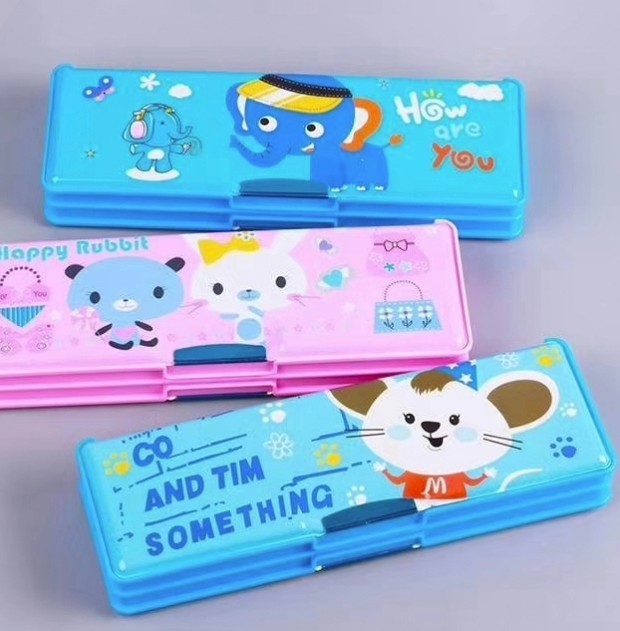 Wholesale Children's Pencil Case Cartoon Cute Wind Belt Pencil Sharpener Stationery Box Double Open Plastic Pupils' Pencil Box