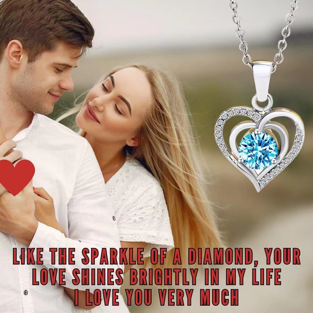 亚马逊心形爆款海洋之心项链女高级感不掉色海蓝色锆石锁骨链配饰