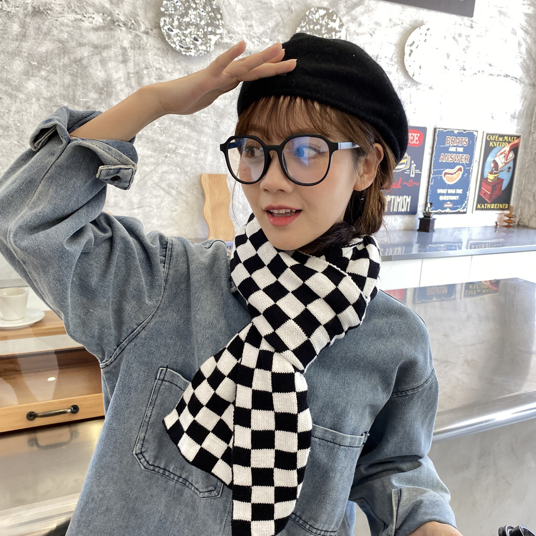 2022 New Trendy Ins Style Black and White Chessboard Plaid Scarf Soft All-Matching Warm Plaid Scarf Student Scarf